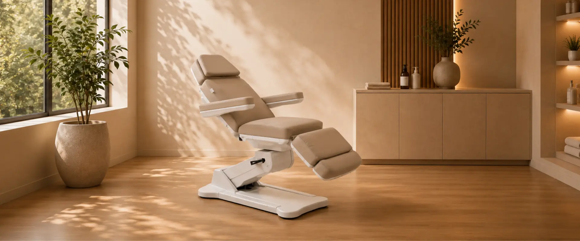 A premium treatment chair in a warm, softly lit beauty studio.