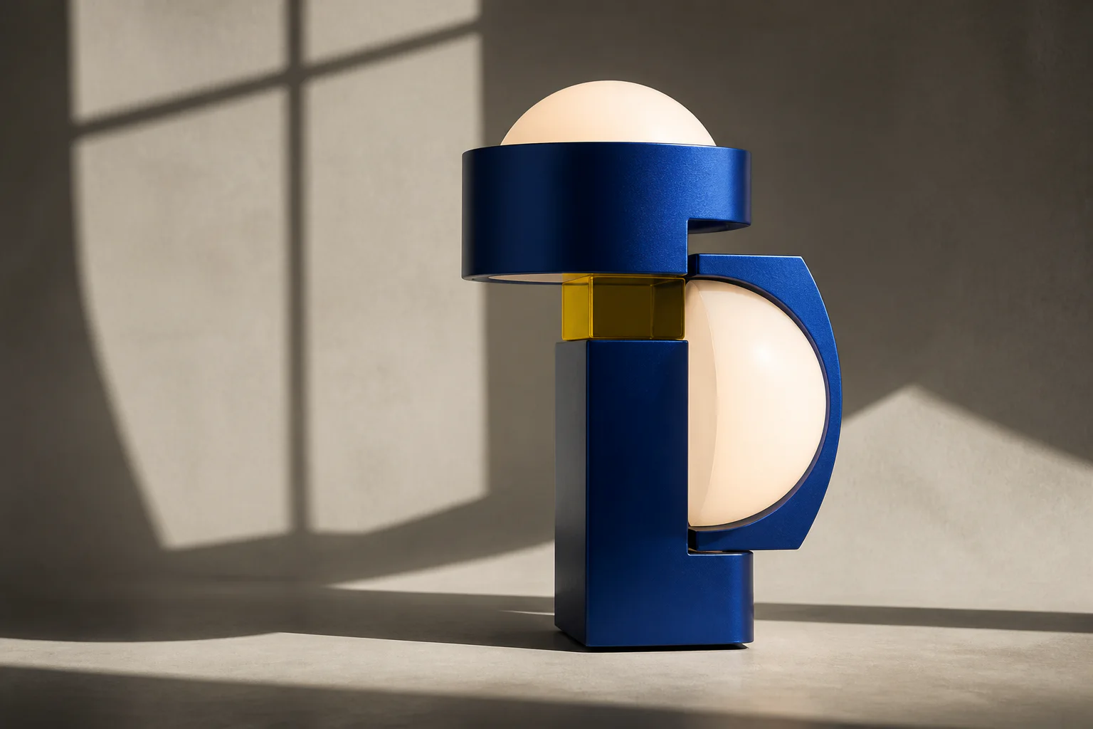 A sculptural cobalt lamp with frosted glass forms in a warm architectural space.