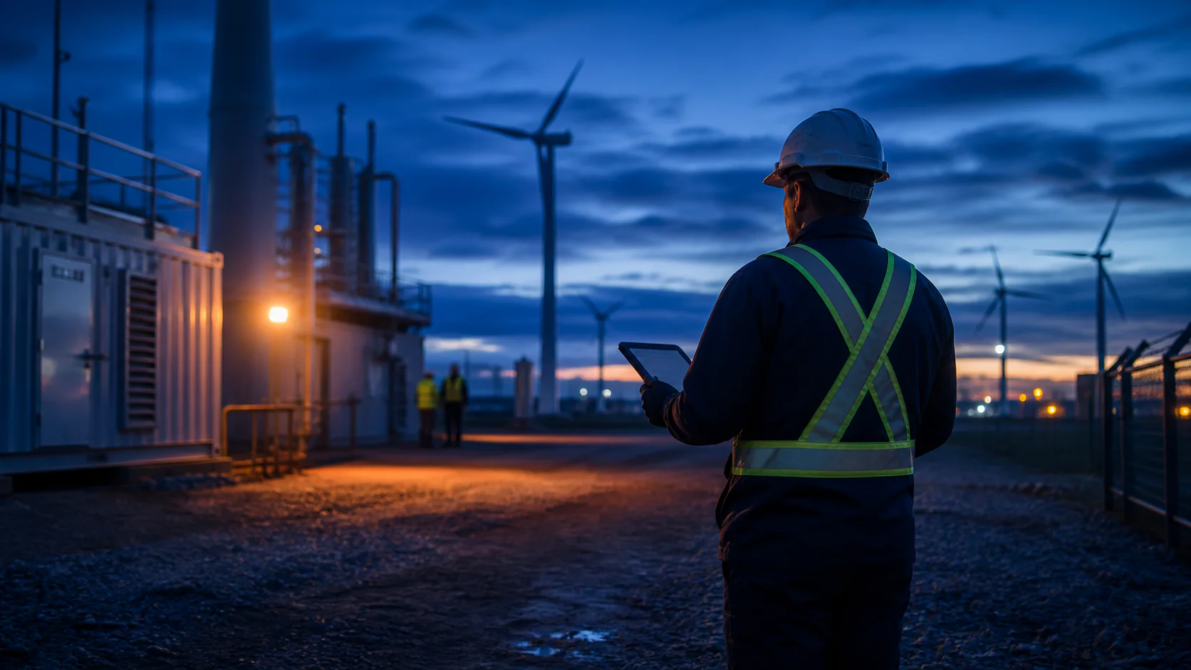 A field technician using a tablet at a renewable-energy site at blue hour.