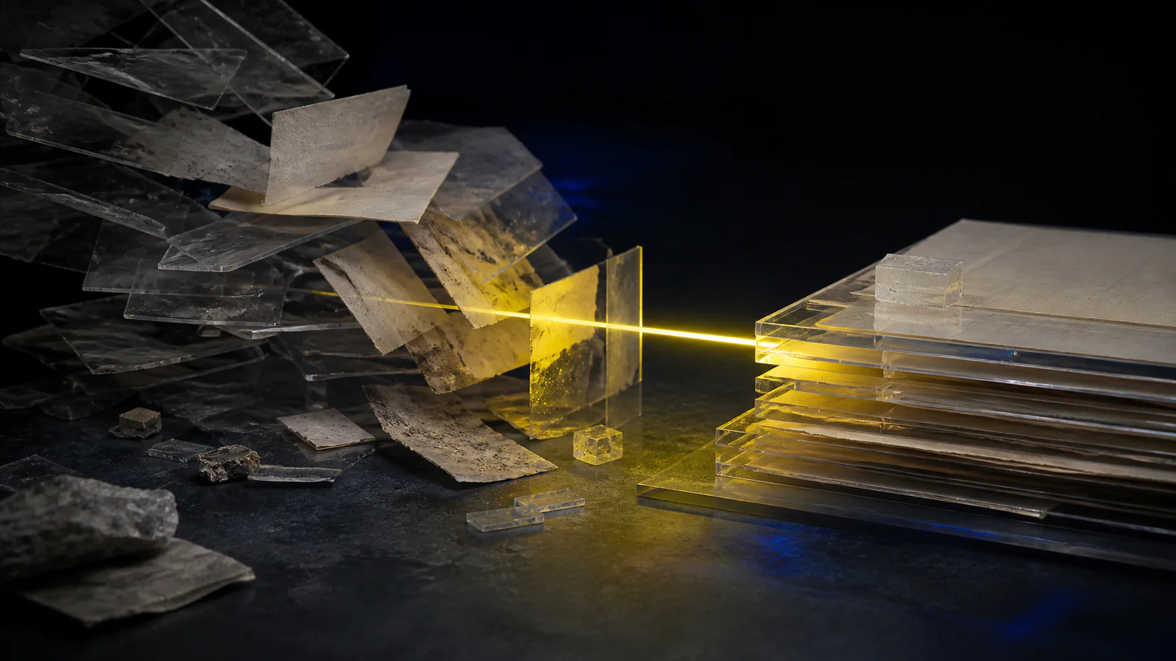 Scattered translucent sheets being organized by a precise yellow beam.