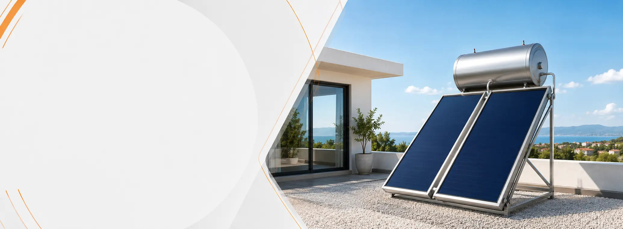 Tilethermansi solar water-heating hero with a coastal home and rooftop solar system.